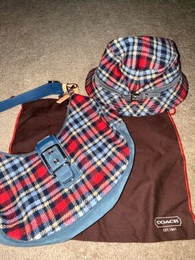 SUPER RARE Coach Plaid Hat & Shoulder Bag Set - Blue, Red, Cream